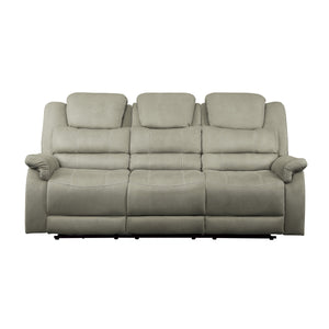9848GY-3PWH Power Double Reclining Sofa with Power Headrests, Drop-Down Cup Holders, Receptacles and USB Ports